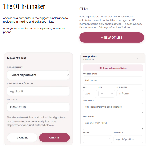OT list maker with unit and patient forms